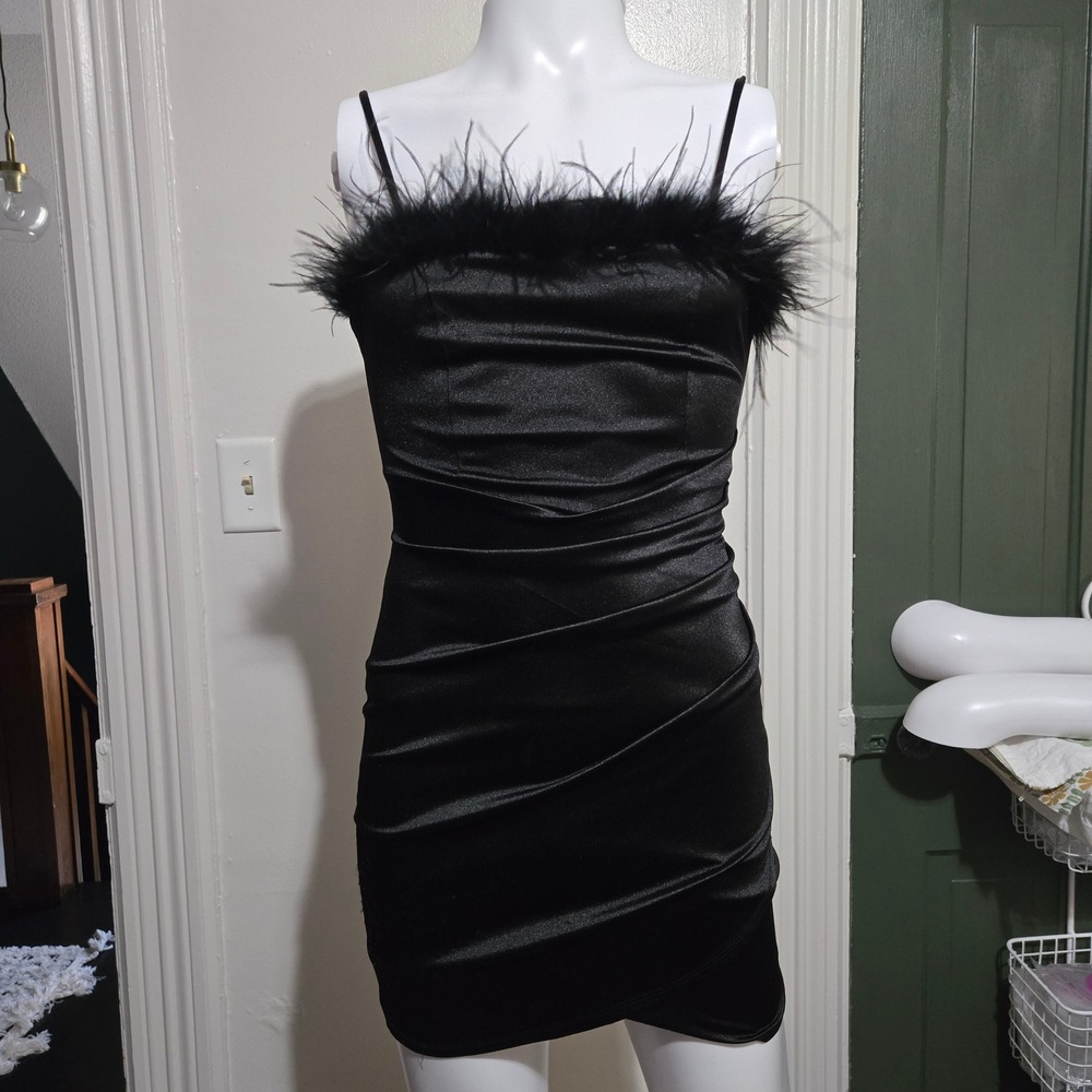 Honey and Rosie Black Satin Feather Trim Ruched Bodycon Mini Dress Small